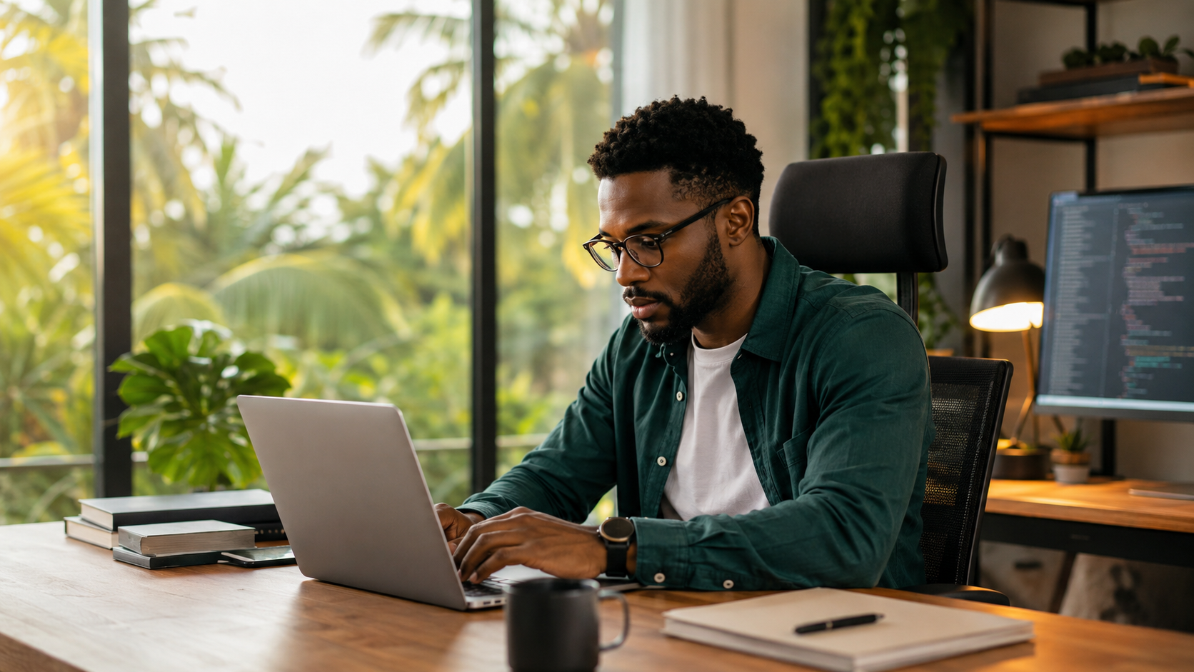 Web developer working on a laptop in a bright home office overlooking tropical greenery